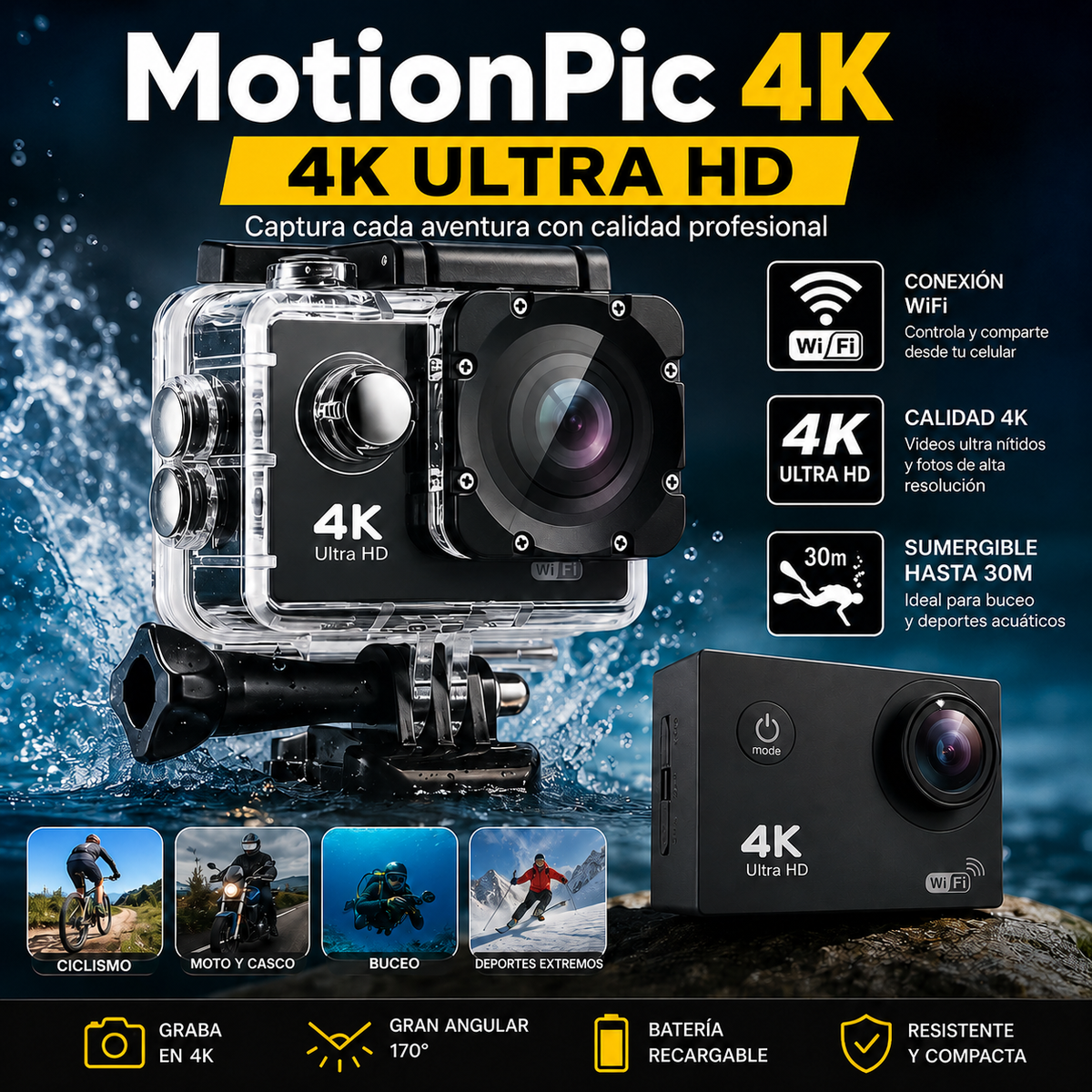 MotionPic 4K: Diseñada para la acción, graba tus límites sin filtros.